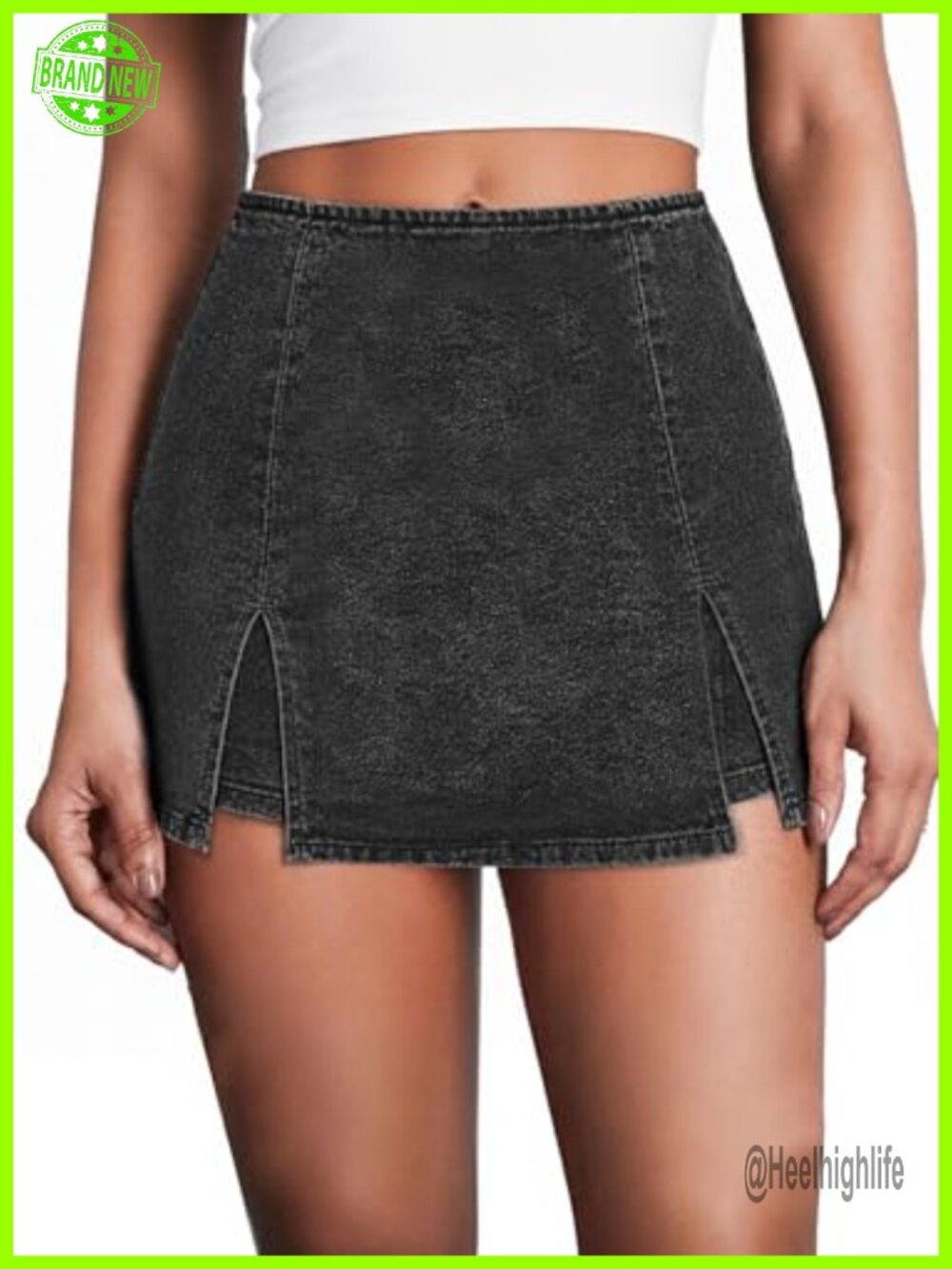 Women's High Waisted Double Slit Denim Skort Bodycon Mini